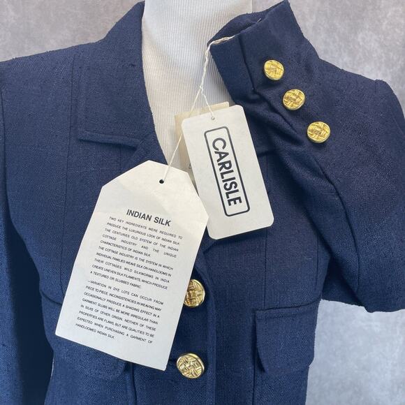 Vtg 90s Carlisle 100% Silk Blazer Jacket Women Sz 4 Blue Cropped Gold Button NWT - Picture 3 of 9